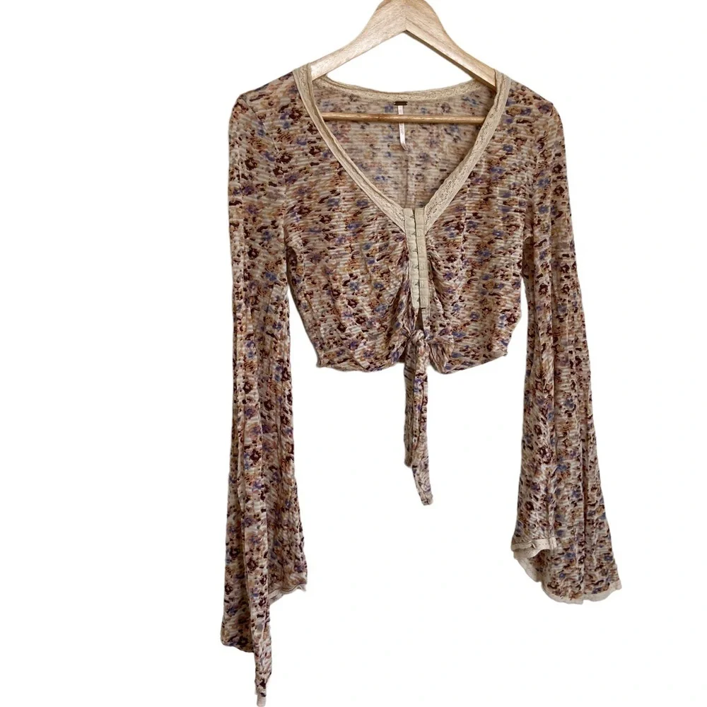 Free People Bell Sleeve Floral Crop Top